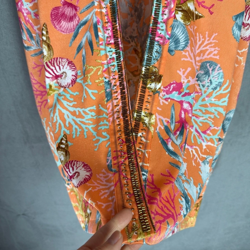 Chicos Open Kimono Slip Orange L/XL Seashell Print Beaded Bright Vacation Beach - Picture 9 of 16
